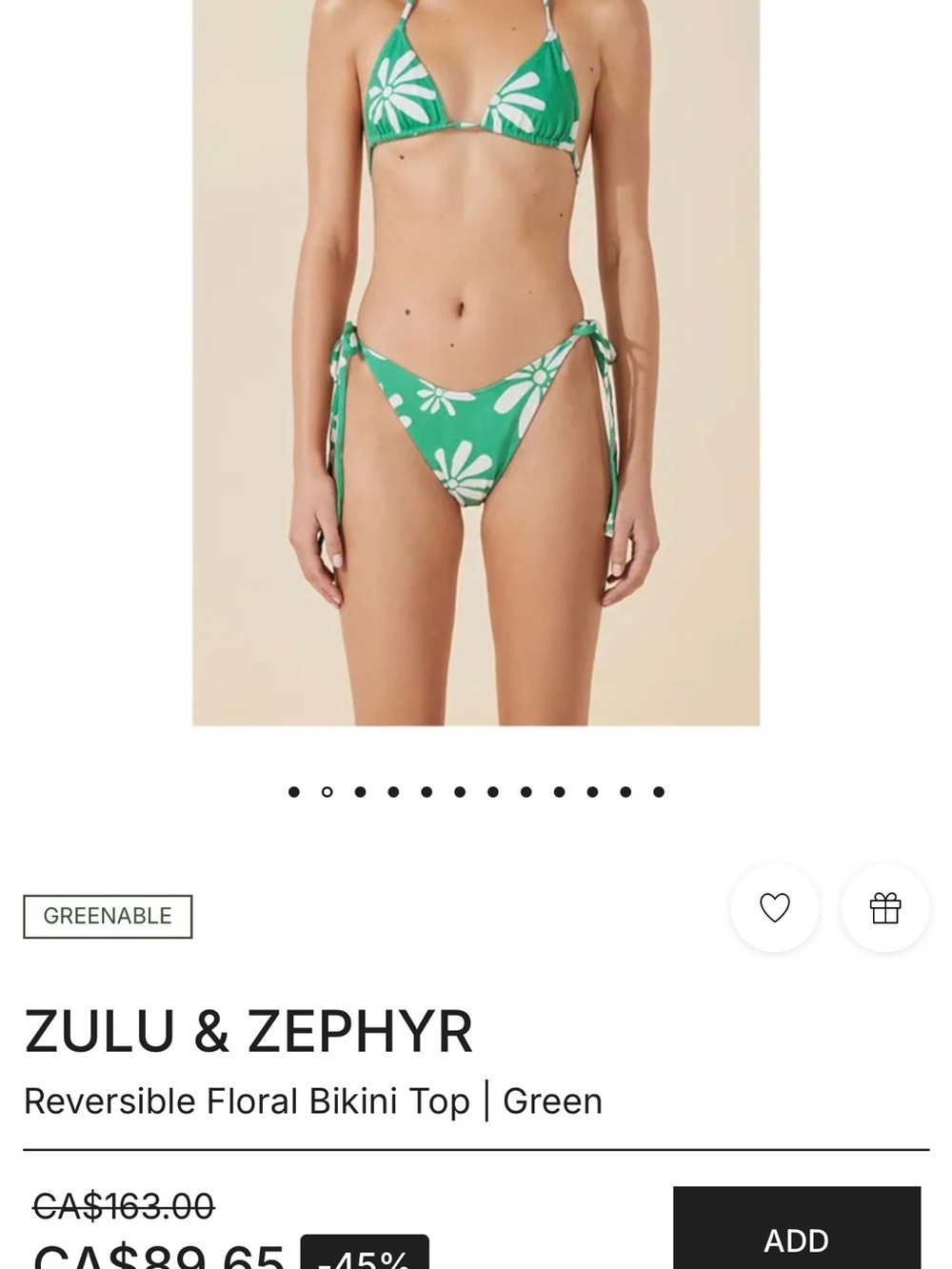 Zulu & Zephyr Solid Green Tie-Side Triangle Bikini reversible